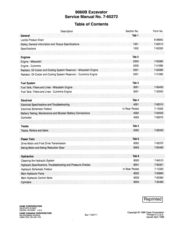 Case 9060B Hydraulic Excavator Pdf Repair Service Manual (Pb. No. 7-52711)