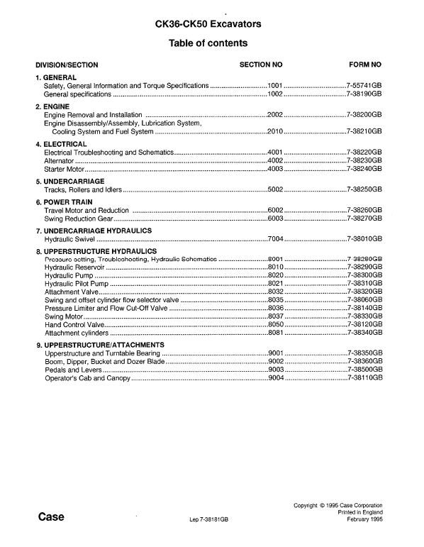 Case CK36, CK50 Hydraulic Excavator Pdf Repair Service Manual (pub No. 7-38181GB)