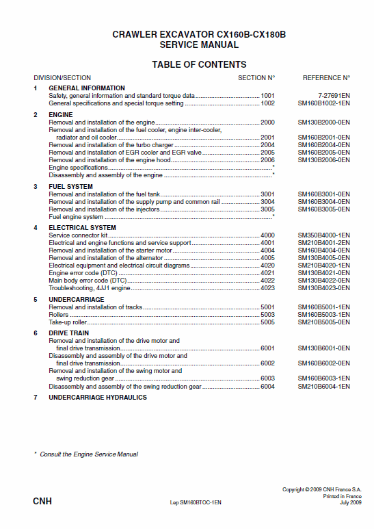 Case CX160B, CX180B Crawler Excavator Pdf Repair Service Manual (87616542b SM160BTOC-1EN) 2009