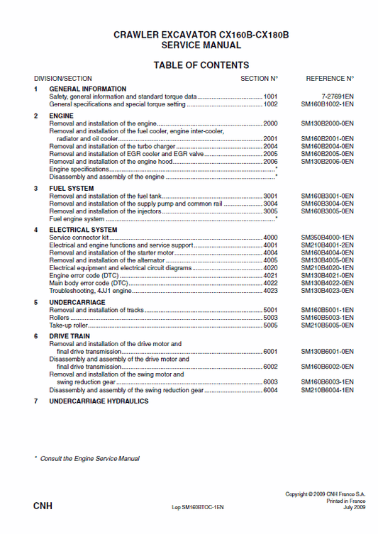 Case CX160B, CX180B Crawler Excavator Pdf Repair Service Manual (87616542b SM160BTOC-1EN) 2009