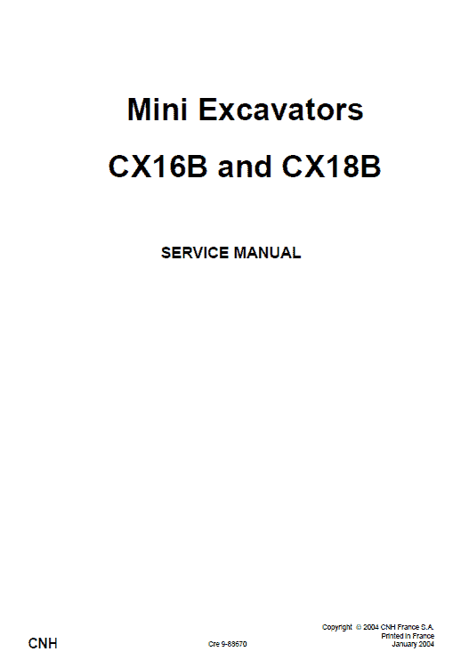 Case CX16B and CX18B Mini Excavator Pdf Repair Service Manual (Pb. No. CNH CRE 9-88670)