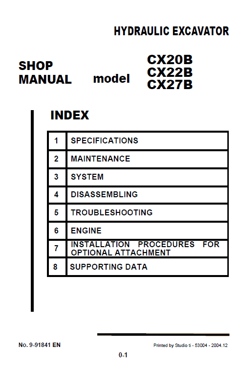 Case CX20B, CX22B, CX27B Hydraulic Excavator Pdf Repair Service Manual