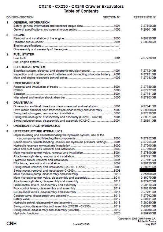 Case CX210, CX230, CX240 Crawler Hydraulic Excavator Pdf Repair Service Manual