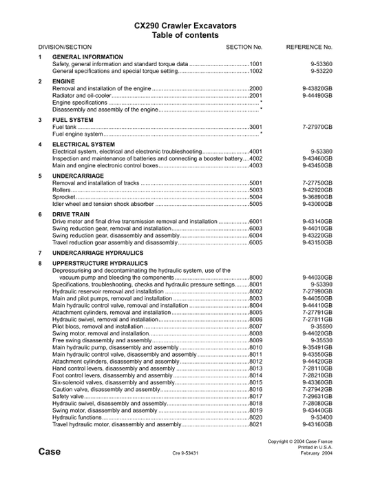 Case CX290 Crawler Excavator Pdf Repair Service Manual (Pb. No. 9-53581) 