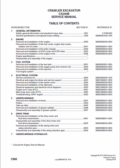 Case CX290B Crawler Excavator Pdf Repair Service Manual (Pb. No. 87616577B)