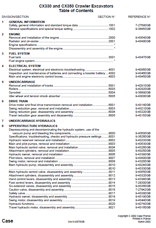 Case CX330, CX350 Crawler Hydraulic Excavator Pdf Repair Service Manual