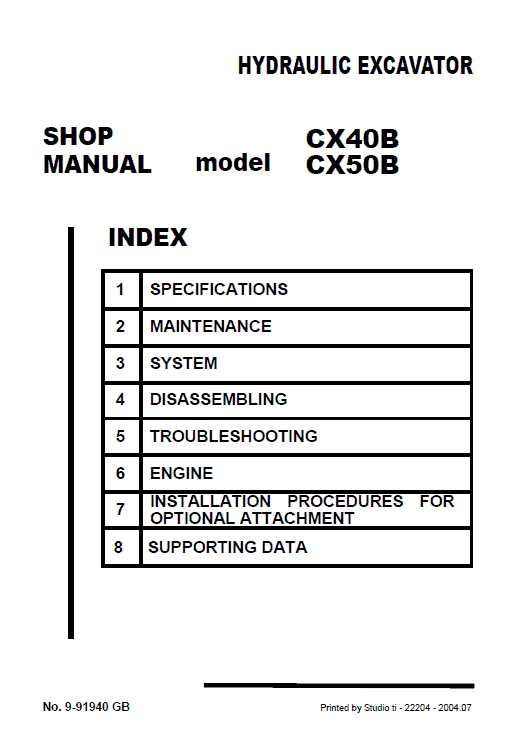 Case CX40B, CX50B Hydraulic Excavator Pdf Repair Service Manual (Pb. No. 6-77460NA)