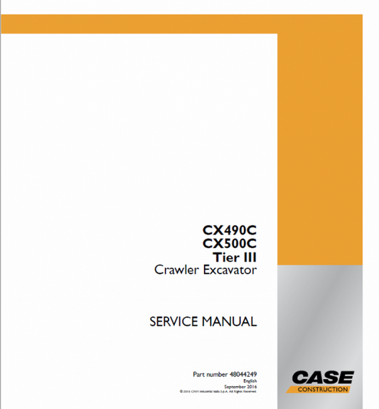 Case CX490C, CX500C Crawler Excavator LC and Std Version Pdf Repair Service Manual (Pb. No. 48098399)