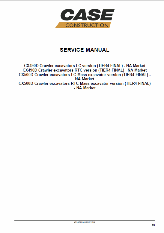 Case CX490D, CX500D Crawler Excavator Pdf Repair Service Manual (Pb. No. 47937809) 3