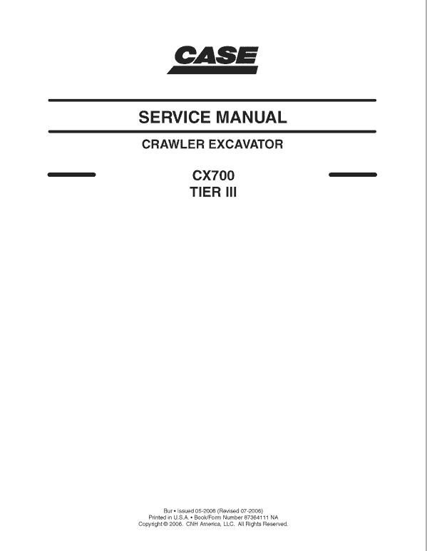 Case CX700 Crawler Excavator Pdf Repair Service Manual (Pb. No. 87364111NA)