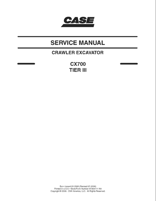 Case CX700 Crawler Excavator Pdf Repair Service Manual (Pb. No. 87364111NA)