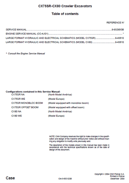 Case CX75 SR and CX80 Crawler Excavator Pdf Repair Service Manual (Pb. No. SM75SRTOC-0EN) 2