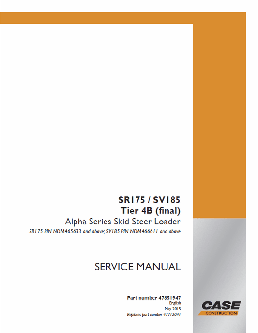 Case SR175, SV185 Skid Steer Loader Pdf Repair Service Manual