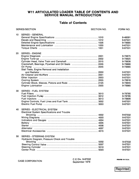 Case W11 Articulated Loader Pdf Repair Service Manual (Pb. No. 9-67532)