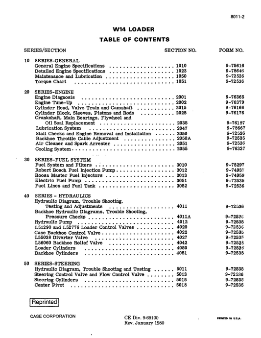 Case W14 Wheel Loader Pdf Repair Service Manual (Pb. No. 9-69100)