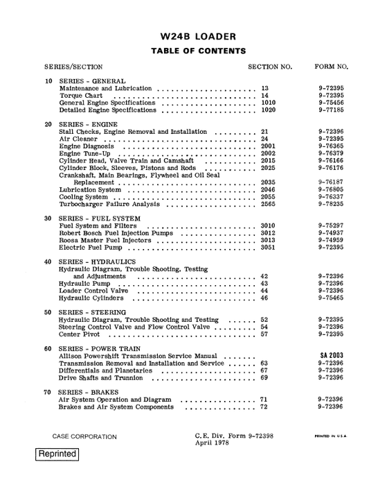 Case W24B Loader Pdf Repair Service Manual (Pb. No. 9-72398)