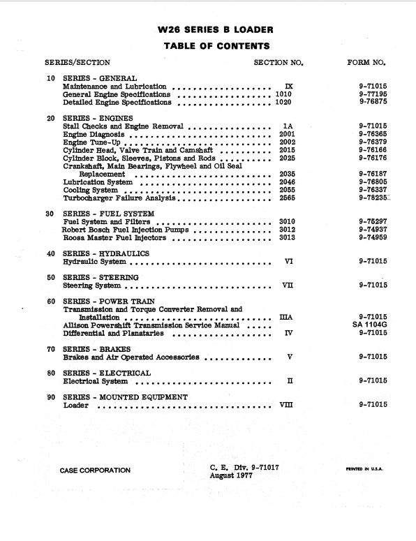 Case W26 Wheel Loader Series B Pdf Repair Service Manual (Pb. No. 9-71017) 2