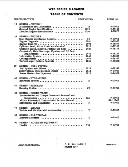 Case W26 Wheel Loader Series B Pdf Repair Service Manual (Pb. No. 9-71017) 2