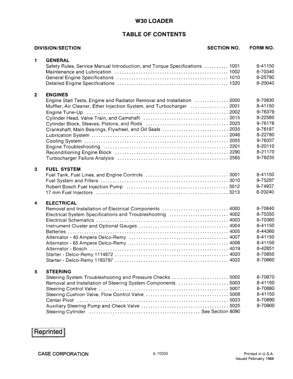 Case W30 Wheel Loader Pdf Repair Service Manual (Pb. No. 8-70330)