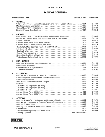 Case W30 Wheel Loader Pdf Repair Service Manual (Pb. No. 8-70330)