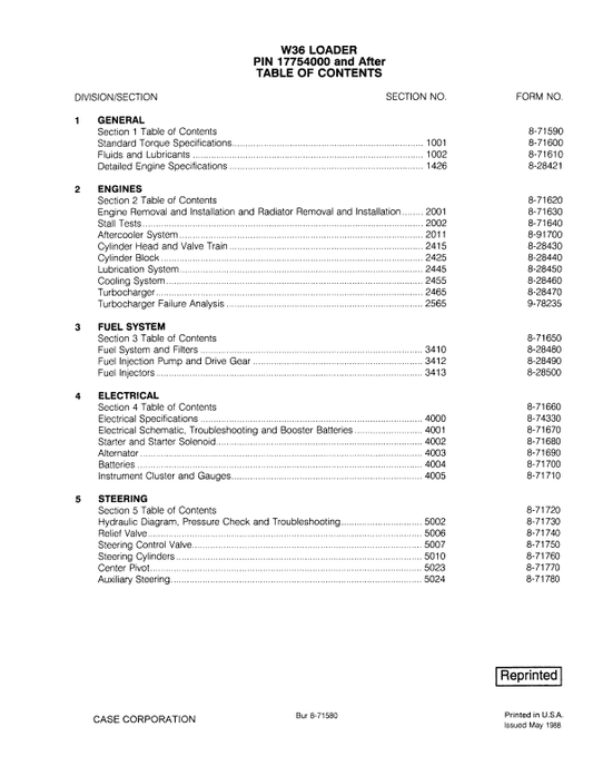 Case W36 Loader Pdf Repair Service Manual (Pb. No. 8-70000)