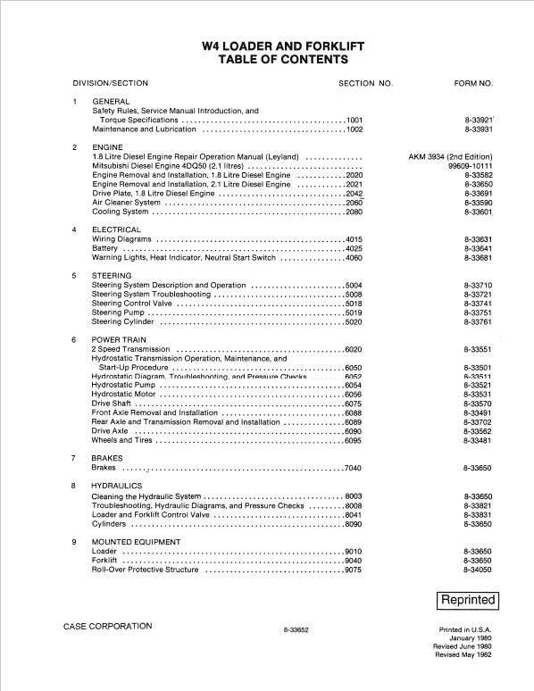 Case W4 Loader and Forklift Pdf Repair Service Manual (Pb. No. 8-33652)