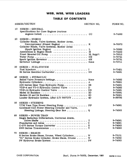 Case W8B, W9B, W10B Loaders Pdf Repair Service Manual (Pb. No. 9-76802)