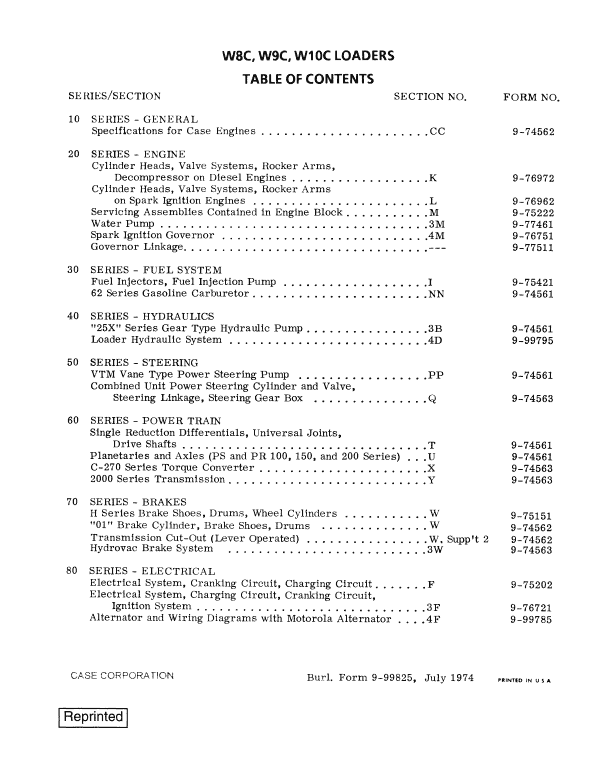 Case W8C, W9C, W10C Wheel Loaders Pdf Repair Service Manual (Pb. No. 9-99825)