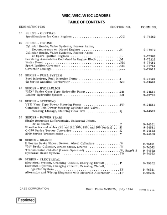 Case W8C, W9C, W10C Wheel Loaders Pdf Repair Service Manual (Pb. No. 9-99825)