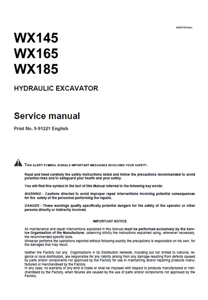 Case Wx145, Wx165, Wx185 Hydraulic Excavator Pdf Repair Service Manual (Pb. No. 9-91221)