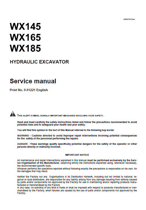 Case Wx145, Wx165, Wx185 Hydraulic Excavator Pdf Repair Service Manual (Pb. No. 9-91221)