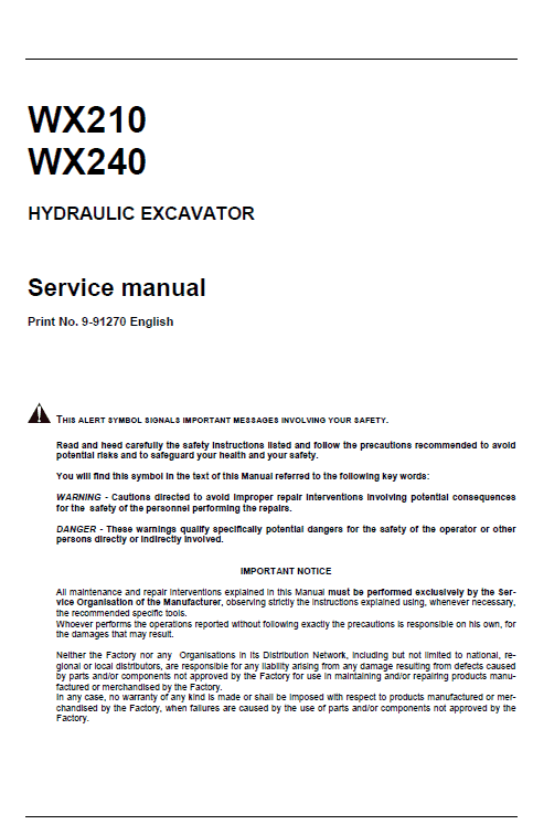 Case WX210 and WX240 Wheeled Excavator Pdf Repair Service Manual (Pb. No. 87677489A)