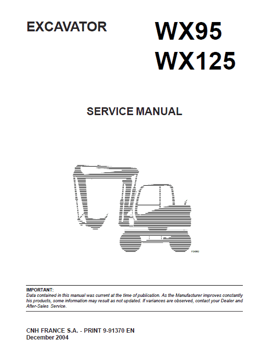 Case WX95, WX125 Wheeled Excavator Pdf Repair Service Manual (Pb. No. 9-91370 EN)