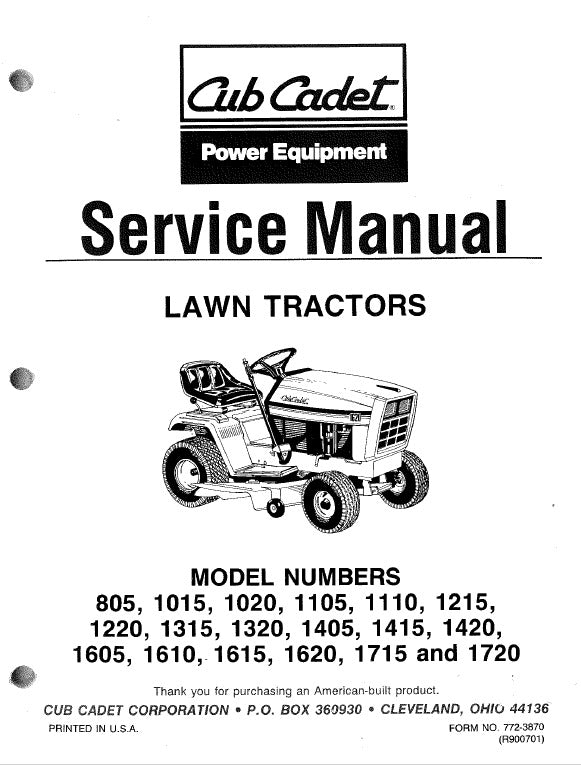 Cub Cadet 1220, 1315, 1320, 1405, 1415, 1420 Lawn Tractor Mower Pdf Repair Service Manual