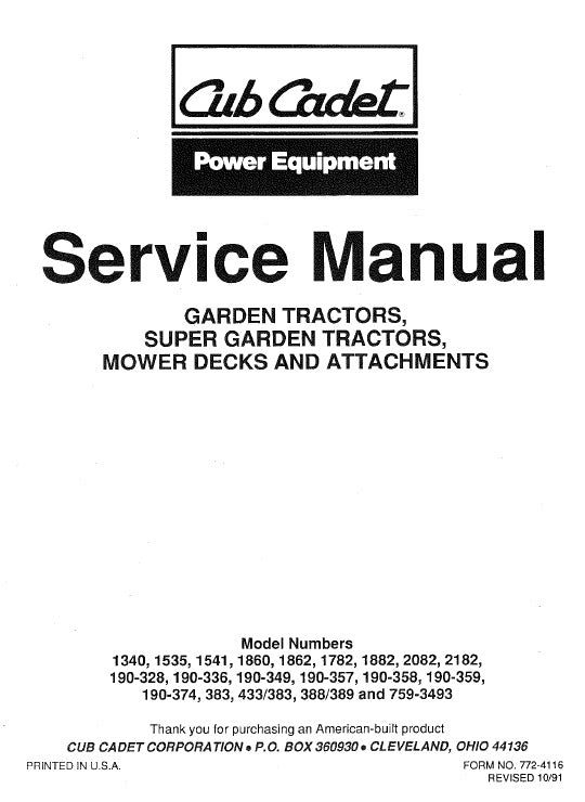 Cub Cadet 1340, 1535, 1541, 1860, 1862, 1782, 1882, 2082, 2182 Garden Tractor Mower Pdf Repair Service Manual