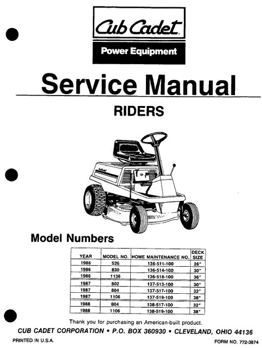 Cub Cadet 526, 802, 804, 830, 1106, 1136 Lawn Mower Tractor Pdf Repair Service Manual