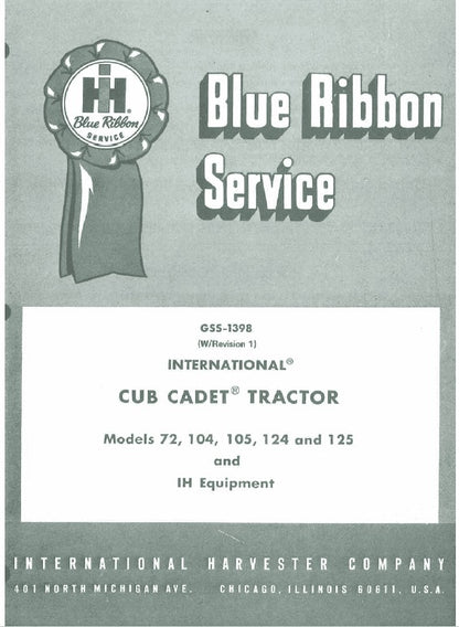 Cub Cadet 72, 104, 105, 124 and 125 Tractor Pdf Repair Service Manual