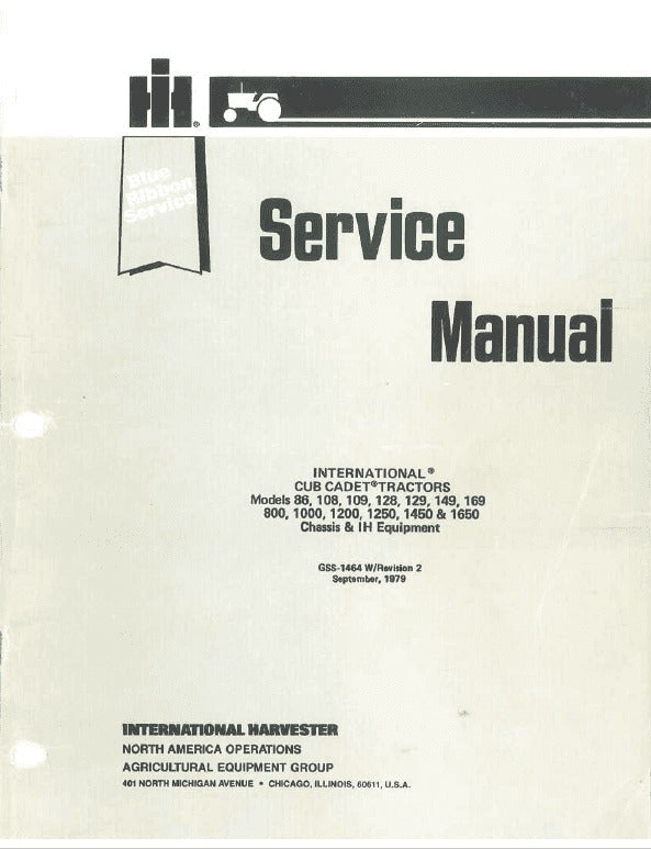 Cub Cadet 86, 108, 109, 128, 129, 149, 169, 800, 1000, 1200, 1250, 1450, 1650 Tractor Chassis Pdf Repair Service Manual