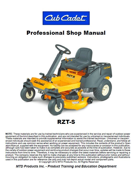 Cub Cadet RZT S Zero Turn Series Mower Pdf Repair Service Manual (2012-2019)