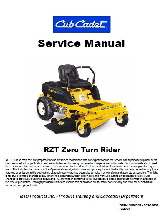 Cub Cadet RZT Series Zero Turn Mower Pdf Repair Service Manual (2012-2019)