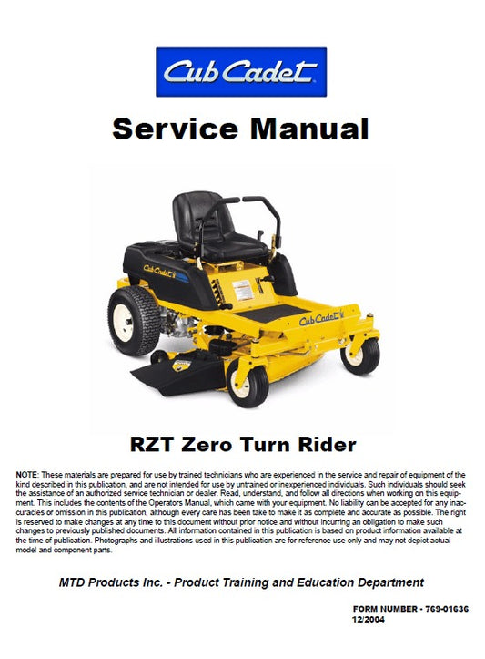 Cub Cadet RZT Series Zero Turn Mower Pdf Repair Service Manual (2012-2019)