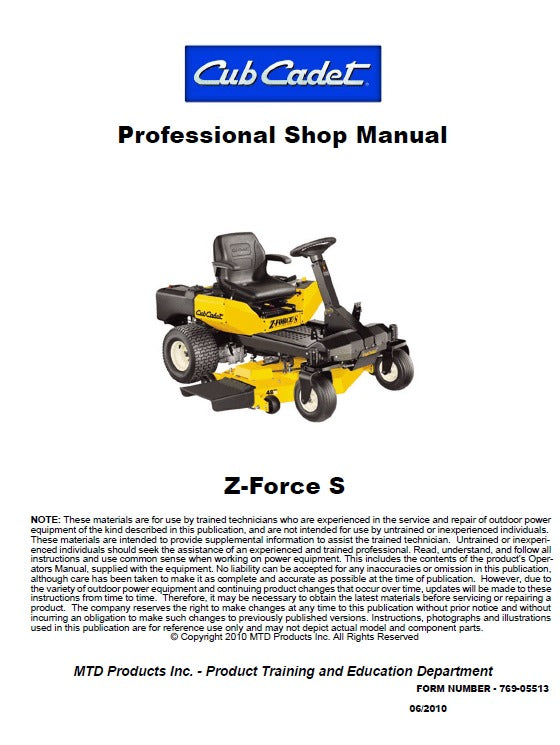 Cub Cadet Z-force S Series Zero-turn Mower Pdf Repair Service Manual