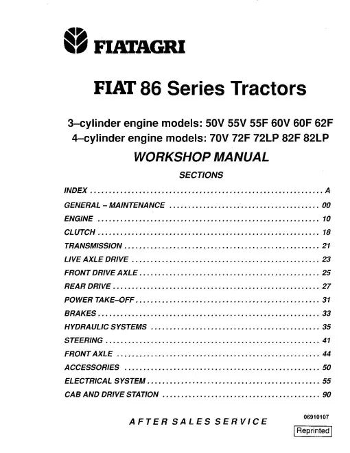 Fiat 50-86V, 55-86F, 55-86V, 60-86F, 60-86V and 62-86F Tractors Pdf Repair Service Manual (06910107)