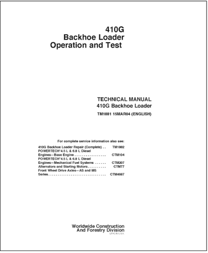 John Deere 410G Backhoe Loader Diagnostic, Operation and Tests Service Manual Pdf - TM1881