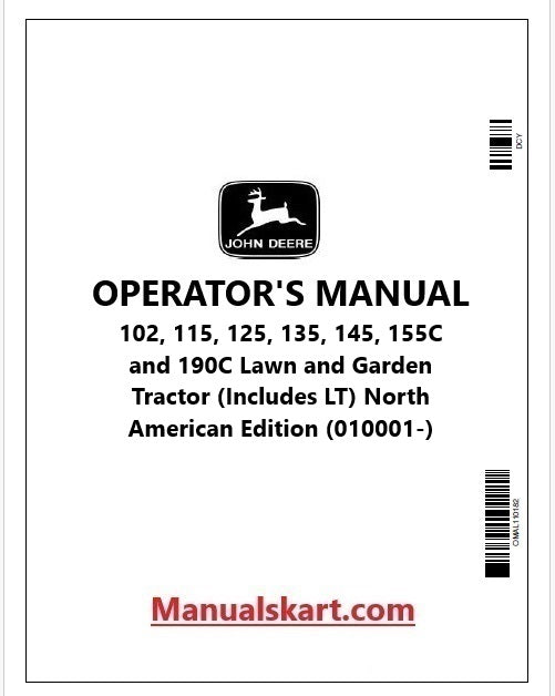 John Deere 102, 115, 125, 135, 145, 155C and 190C Lawn and Garden Tractor Pdf Operator's Manual OMGX21821