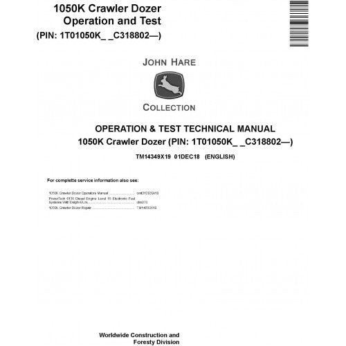 John Deere 1050K Crawler Dozer Operation and Tests Technical Manual Pdf - TM14349X19