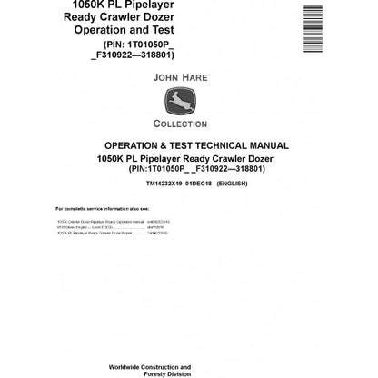 John Deere 1050K PL Pipelayer Ready Crawler Dozer Diagnostic, Operation and Tests Service Manual Pdf - TM14232X19 2