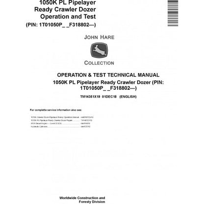 John Deere 1050K PL Pipelayer Ready Crawler Dozer Operation and Tests Technical Manual Pdf - TM14351X19 2