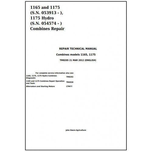 John Deere 1165, 1175, 1175 Hydro Combine Service Repair Technical Manual Pdf TM8205