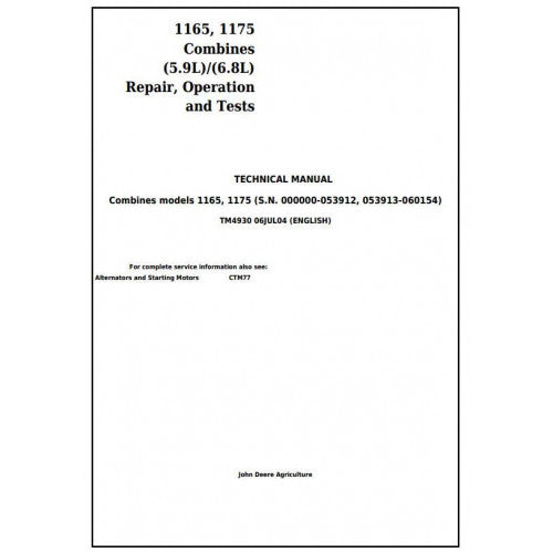 John Deere 1165, 1175 Combines Diagnostic and Repair Technical Manual Pdf TM4930